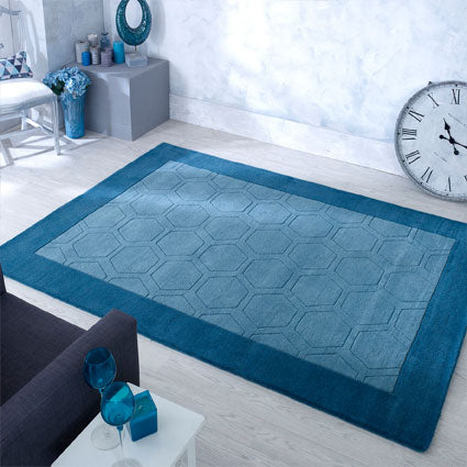 Blue Wool Rug Bordered Geometric Pattern HANDWOVEN Living Room Rugs Soft Area Mat