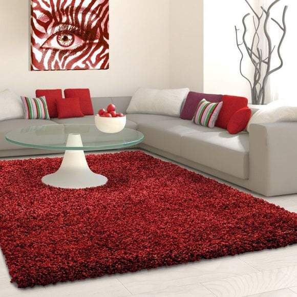 Modern Rug Fluffy Shaggy Red High Pile Floor Carpet Dining Room Lounge Mat Round