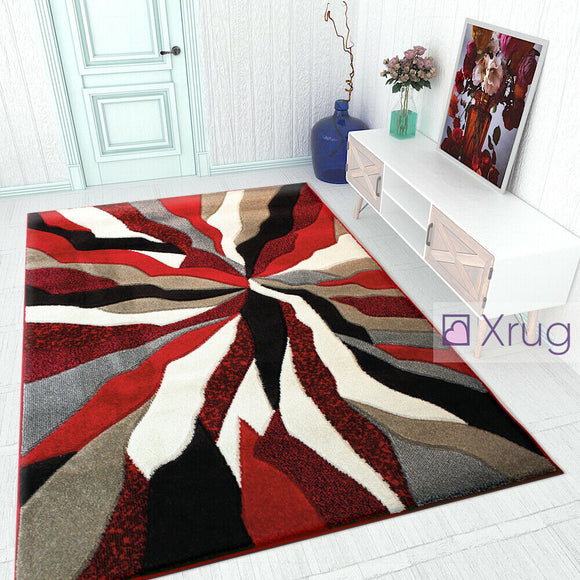Modern Rug Red Grey Black Contour Cut Pattern Living Room Carpet Mat Small Large