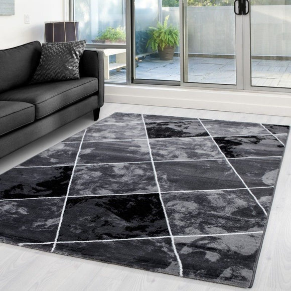 Check Rug Black and Grey Geometric Pattern Mat Small X Large Room Hallway Carpet