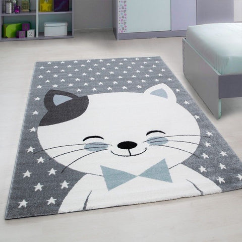 Kids Animal Rug Grey White Blue Cat Pattern Carpet Childrens Play Round Baby Mat