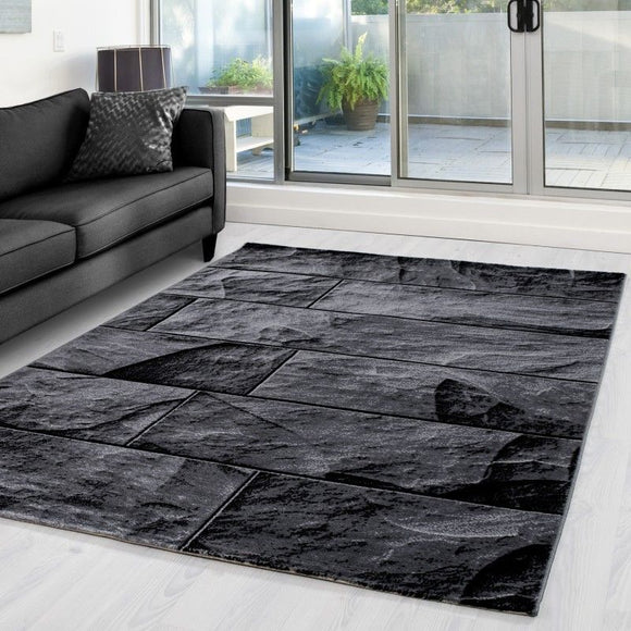 Modern Rugs Black Grey Stone Design Pattern Carpets Small Large Room Runner Mat