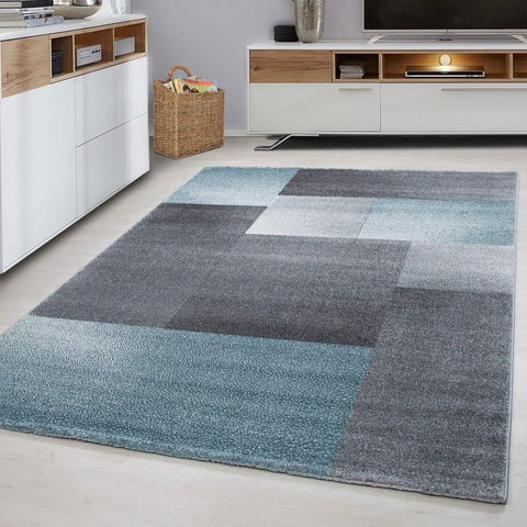 Modern Rug Checkered Grey Blue Ceometric Carpet Bedroom Floor Mat Small Large XL