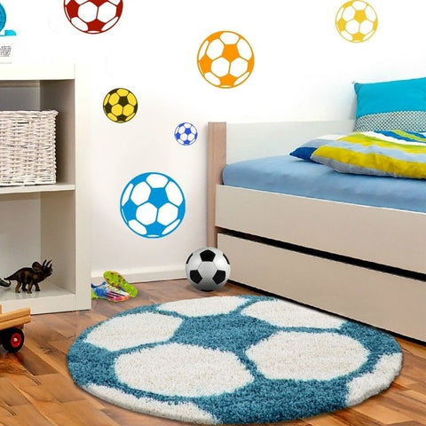 Boys Football Rug Round Fluffy White Blue Kids Mat Childrens Playroom Carpet New