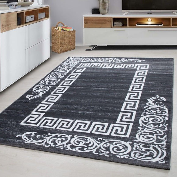 Grey Patterned Rug Oriental Border Design Mat Modern Room Floor Area Carpet Hall
