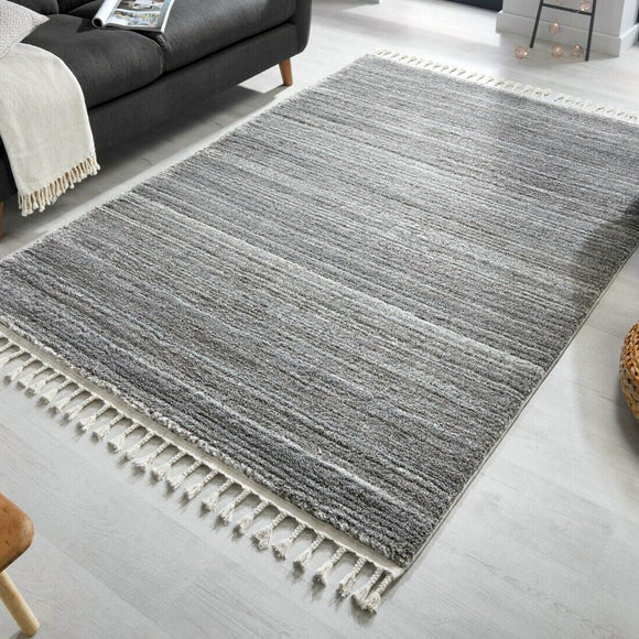 Grey Rug Bedroom Modern Striped Soft Pile Carpet Tassels Large Small Woven Mat