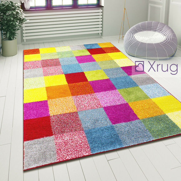 Geometric Rug Multi Colour Checkered Pattern Carpet Small Large Modern Room Mats