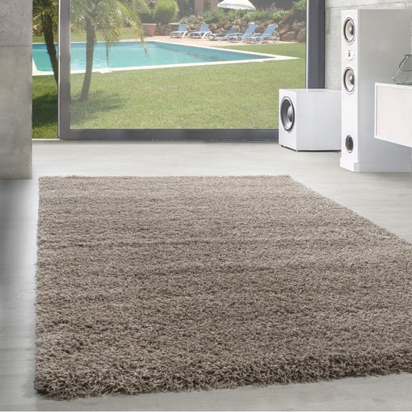 Fluffy Rug Plain Beige Shaggy Pile Soft Carpet Modern Bedroom Lounge Round Mats