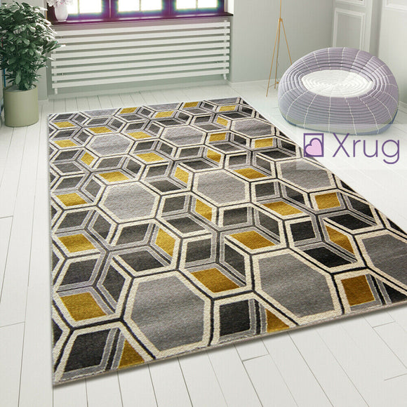 Grey Yellow Rug Geometric Ochre Mustard Modern Pattern Carpet Room Floor Mat New