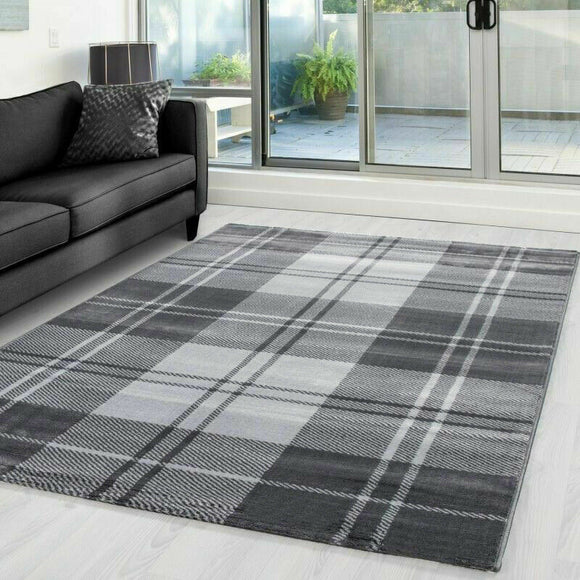 Grey Check Rug Modern Geometric Pattern Mat Small Large Dining Room Area Carpets