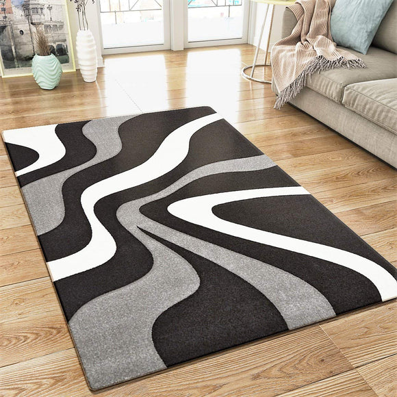 Abstract Rug Black Grey White Wave Design Contour Cut Woven Low Pile Carpet Mat for Living Room & Bedroom