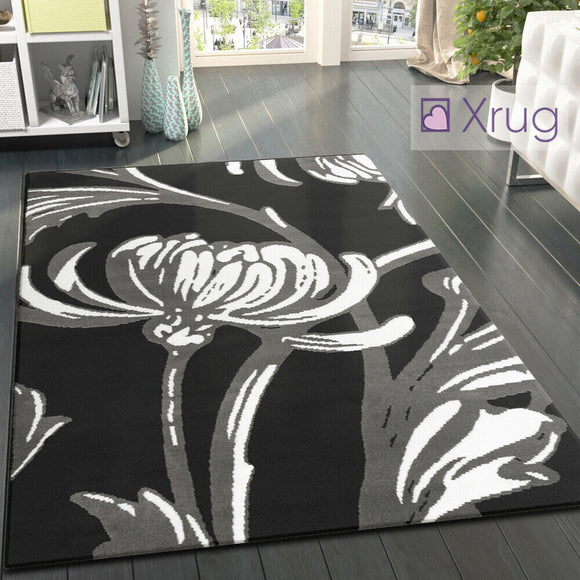 Black and Grey Rug Modern Floral Pattern Carpet Large Bedroom Floor Lounge Mats
