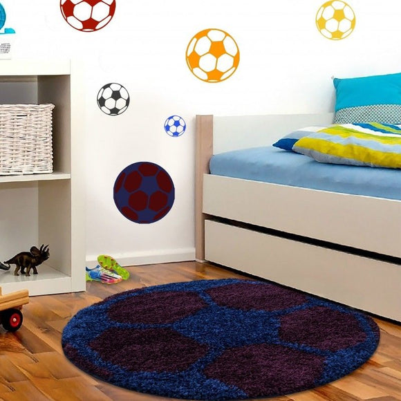 Boys Football Rug Burgundy Blue Kids Bedroom Carpet Childrens Round Fluffy Mats