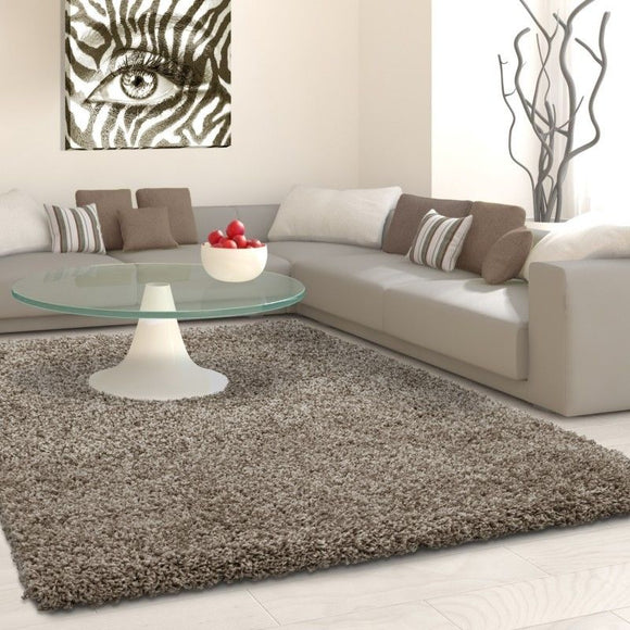 Fluffy Shaggy Rug Taupe Plain Long Pile Carpet Small Large Living Room Mats