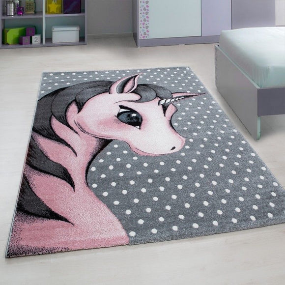 Kids Unicorn Rug Grey Pink White Baby Nursery Round Carpet Childrens Bedroom Mat