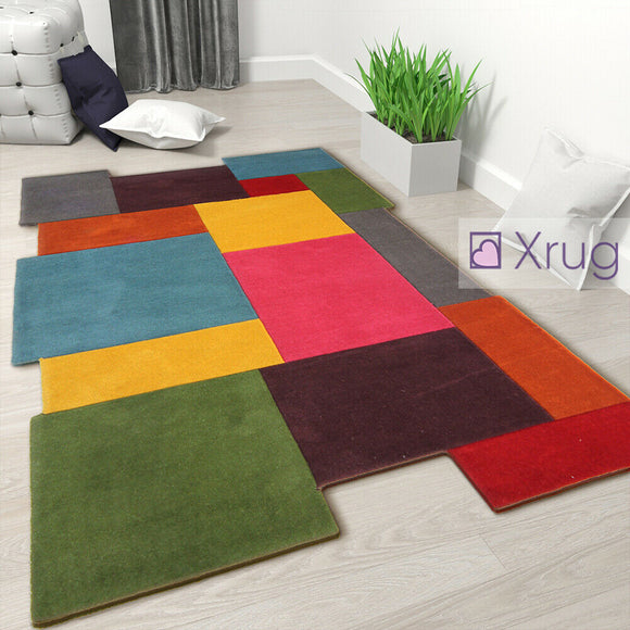 Mulitcoloured Wool Rug Thick Geometric New Carpet Bright Living Room Bedroom Mat