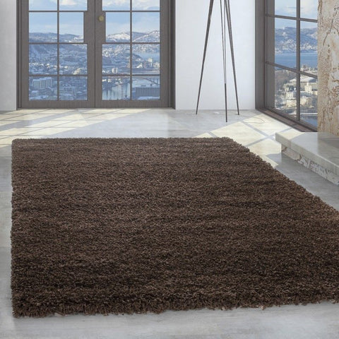 Shaggy Rug Plain Brown High Pile Woven Carpet Round Fluffy Room Mats Small Large