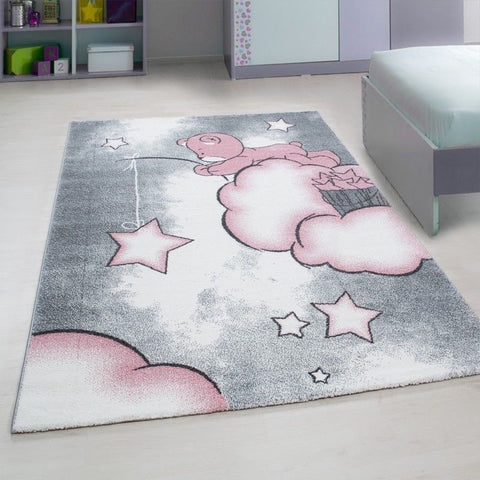 Childrens Rugs Kids Star Grey Pink Nursery Carpets Baby Room Playroom Round Mat