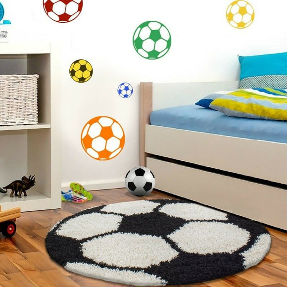Football Rug Black White Childrens Boys Room Mat Round Fluffy Kids Floor Carpet