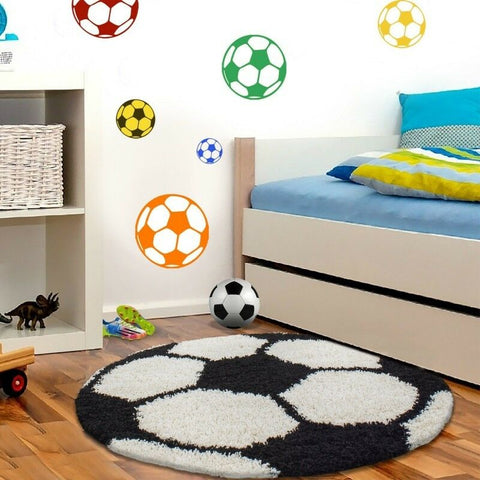 Football Rug Black White Childrens Boys Room Mat Round Fluffy Kids Floor Carpet