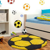 Boys Rugs Yellow Black Kids Football Mats Childrens Bedroom Round Fluffy Carpet