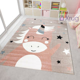 Kids Unicorn Rug Girls Pink Beige White Cream Childrens Bedroom Nursery Mat Baby Play Room Floor Carpet