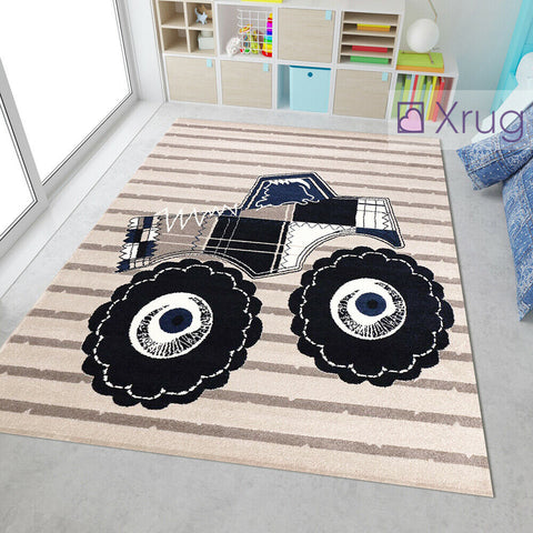 Boys Car Rug Beige Navy Blue Monster Truck Kids Carpet Childrens Round Bedroom Playroom Floor Mat Nursery