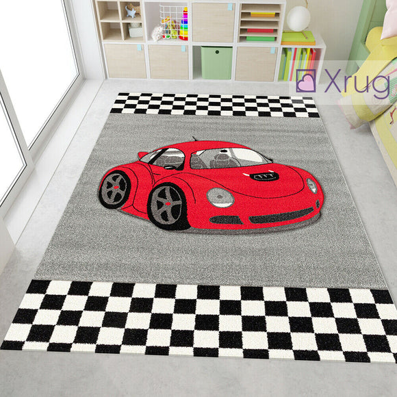 Childrens Car Rug Baby Boy Modern Kids Bedroom Floor New Carpet Red Black Grey Black Nursery Playroom Mat
