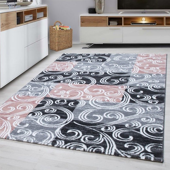 Traditional Rug Modern Black Grey Pink Pattern Mat Dining Room Hall Check Carpet