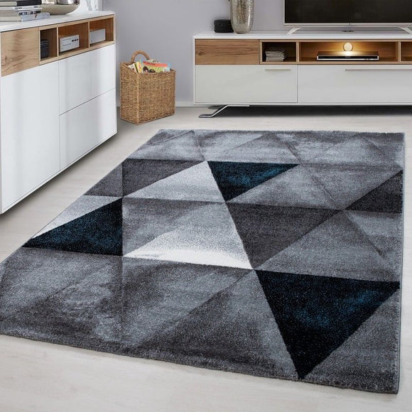 Check Rugs Modern Grey Blue Ceometric Pattern Mat Small Extra Large Room Carpets