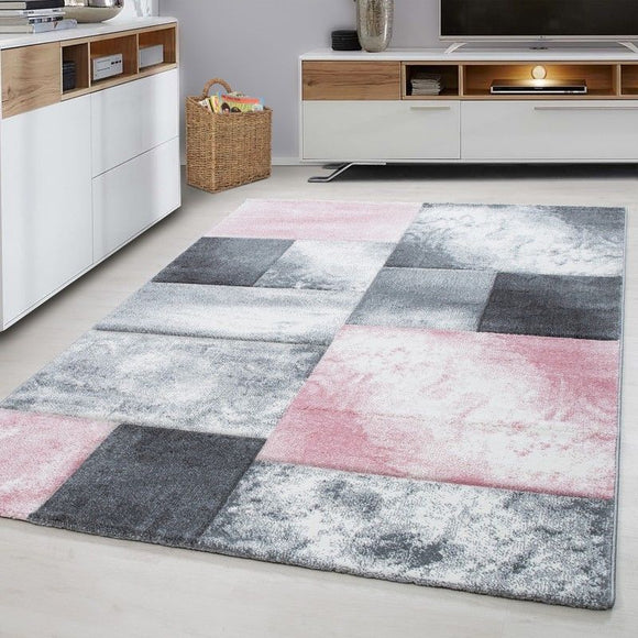 Check Rugs Silver Grey Pink Contour Cut Carpet Modern Geometric Living Room Mats