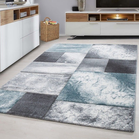 Modern Rug Geometric Silver Grey Blue Checkered Carpet Bedroom Floor Hallway Mat