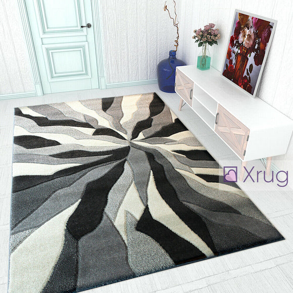 Modern Rugs Grey Black White Contour Cut Pattern Living Room New Mat Small Large
