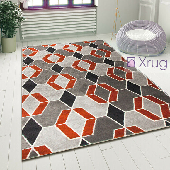Modern Geometric Rug Terracotta Grey Bedroom Mat Woven Diamond Pattern Carpets