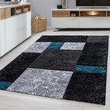 Geometric Rug Black Silver Blue Grey Check Carpet Small Large Bedroom Floor Mat