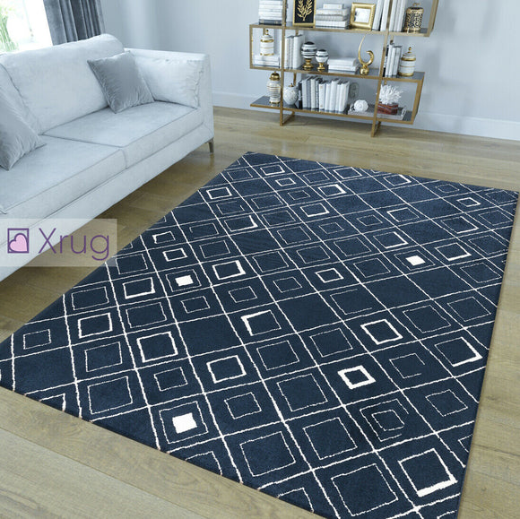 Modern Rug Navy Blue White Soft Microfiber Check Mats Large Living Room Carpet