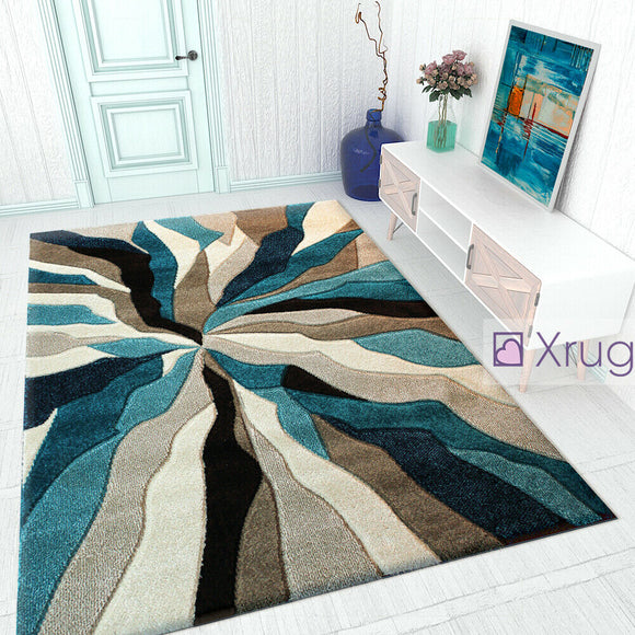 Modern Rug Teal Grey Beige Black Contour Cut Pattern Thick Floor Mat Small Large