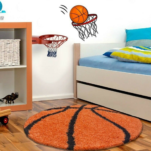 Boys Rug Orange Black Basketball Childrens Carpet Round Fluffy Kids Room Mat New
