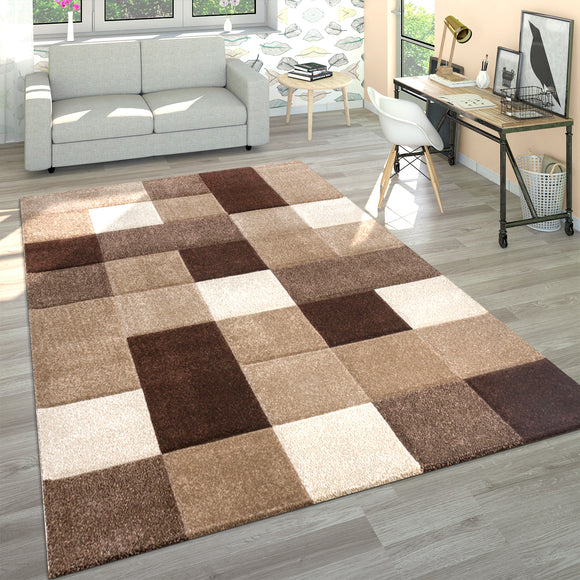 Check Brown Beige Rug Geometric Contour Cut Pattern for Living room Bedroom Area Mat