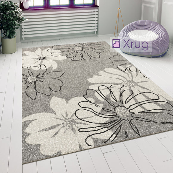 Modern Floral Design Rug Silver Grey White Soft Low Pile Woven Floor Carpet for Living Room or Bedroom