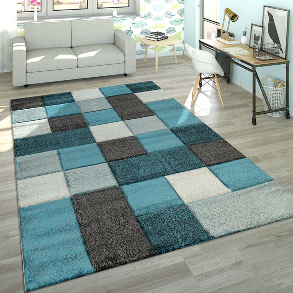 Blue and Grey Rug Geometric Check Carpet Large Rugs for Living Room Bedroom Mat