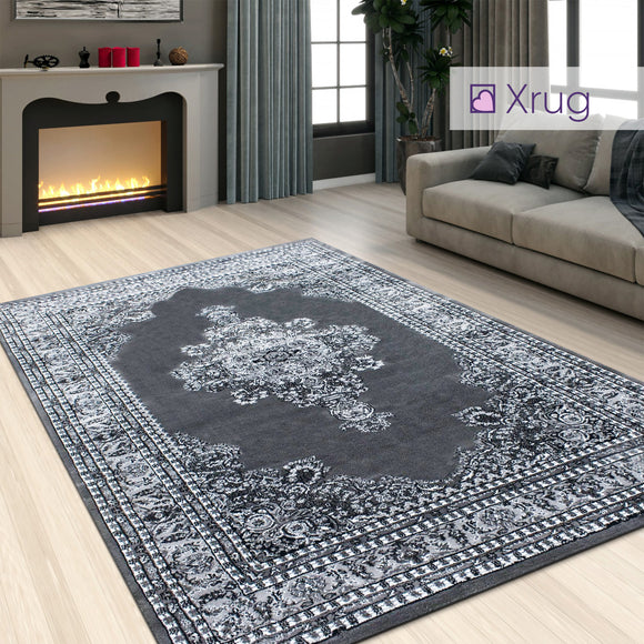 Oriental Grey Rug Thick Soft Damask Style Pattern Border Design Traditional Carpet Extra Large XL Small