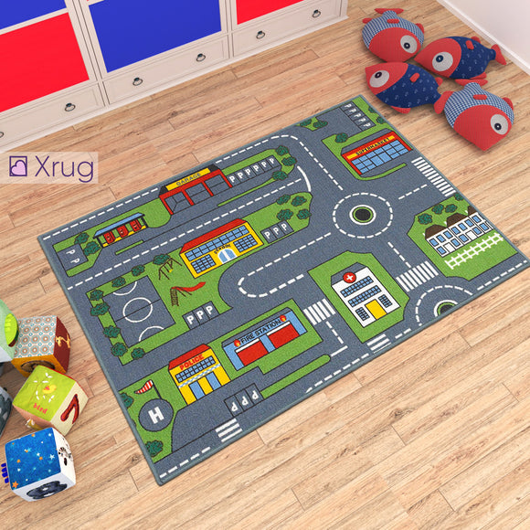 Kids Rug Boys Vehicle NON SLIP MACHINE WASHABLE Road Car City Nursery Mat for Bedroom Playroom Play Mat 100x133cm