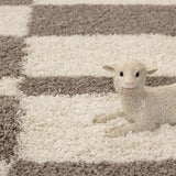 Fluffy Shaggy Rug Cream Beige Check Carpet Geometric Small Large Room Runner Mat