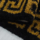Black Fluffy Rug SOFT Thick Gold Greek Key Pattern Large Small Bedroom Living Room Shaggy Carpet