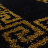 Shaggy Rug Black Gold Yellow Greek Key Border Pattern Fluffy Carpet Large Small XL