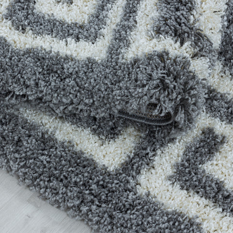 Grey Fluffy Rug for Bedroom Living Room Geometric Greek Border Large Small Shaggy
