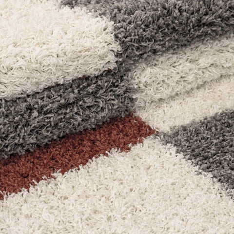 Fluffy Rug Grey Cream Terracotta Geometric Carpets Deep Pile Shaggy Bedroom Mat