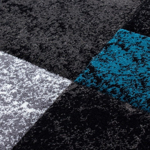 Geometric Rug Black Silver Blue Grey Check Carpet Small Large Bedroom Floor Mat
