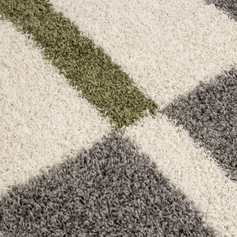Fluffy Rugs Deep Pile Shaggy Cream Grey Green Geometric Carpet Living Room Mats